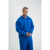 Erkek Patlı Yaka Üç İplik Pamuklu Sweatshirt Double Oversize Rahat Kalıp Günlük Kullanım - Mavi