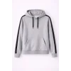 Erkek Şeritli Kapüşonlu Sweatshirt Oversize 3 Iplik Pamuklu - Gri