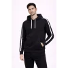 Erkek Şeritli Kapüşonlu Sweatshirt Oversize 3 Iplik Pamuklu - Siyah