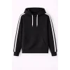 Erkek Şeritli Kapüşonlu Sweatshirt Oversize 3 Iplik Pamuklu - Siyah