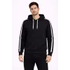 Erkek Şeritli Kapüşonlu Sweatshirt Oversize 3 Iplik Pamuklu - Siyah