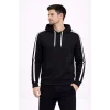 Erkek Şeritli Kapüşonlu Sweatshirt Oversize 3 Iplik Pamuklu - Siyah