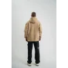 Erkek Şimşek Baskılı Kapşonlu Sweatshirt Üç İplik Pamuklu Kanguru Cepli Double Oversize Hoodie - Bej