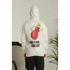 Erkek Sırt Baskılı Oversize Üç İplik Kapüşonlu Sweatshirt - Beyaz