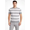 Erkek T-shirt Çizgili Triko Dokuma Bisiklet Yaka Tişört - Gri