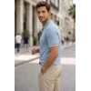 Erkek Triko Kumaş Yakalı Düğmesiz Açık Yaka Fitilli Kısa Kollu Regular Fit Tişört T-shirt - Bebek Mavisi