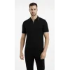 Erkek Triko Kumaş Yakalı Düğmesiz Açık Yaka Fitilli Kısa Kollu Regular Fit Tişört T-shirt - Siyah