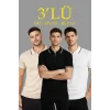 Erkek Triko Tişört Fermuar Yakalı Kısa Kol T-Shirt 3’lü Set Bej-Beyaz-Siyah