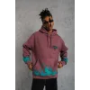 Erkek Üç İplik Içi Pamuklu Alev Baskılı Kapüşonlu Sweatshirt - Gül Kurusu