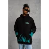 Erkek Üç İplik İçi Pamuklu Alev Baskılı Kapüşonlu Sweatshirt - Siyah