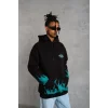 Erkek Üç İplik İçi Pamuklu Alev Baskılı Kapüşonlu Sweatshirt - Siyah