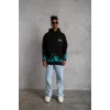 Erkek Üç İplik İçi Pamuklu Alev Baskılı Kapüşonlu Sweatshirt - Siyah