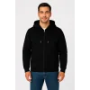 Erkek Üç İplik Kapüşonlu Tam Fermuarlı Kanguru Çepli SweatShirt Hoodie - Siyah