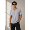 Erkek V Yaka Basic Tişört Kısa Kol Yazlık Regular Fit T-Shirt - Gri