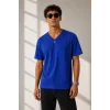 Erkek V Yaka Basic Tişört Kısa Kol Yazlık Regular Fit T-Shirt - Saks Mavisi