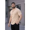 Erkek Waffle Kumaş Kısa Kollu Düğmeli Açık Yaka Regular Fit Gömlek - Bej