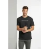 Erkek Wafıl Kumaş Tişört Regular Kalıp Bisiklet Yaka Baskılı Günlük Basic T-Shirt - Siyah