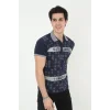 Erkek Yakalı Slim Fit Baskılı T-Shirt - Lacivert