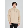 Erkek Yarım Fermuarlı Baskılı Sweat - Bej
