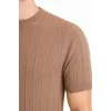 Erkek Yazlık Fitilli Triko Tişört Kısa Kol Bisiklet Yaka T-Shirt - Kahverengi