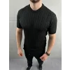 Erkek Yazlık Triko Dokuma Tişört Kısa Kol Bisiklet Yaka Örgü Desenli T-Shirt - Siyah