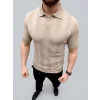 Erkek Yazlık Triko Dokuma Tişört Kısa Kol Polo Yaka T-Shirt - Bej