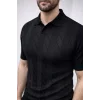 Erkek Yazlık Triko Dokuma Tişört Kısa Kol Polo Yaka T-Shirt - Siyah