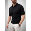 Erkek Yazlık Triko Dokuma Tişört Kısa Kol Polo Yaka T-Shirt - Siyah