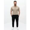 Erkek Yazlık Triko Saç Örgü Tişört Kısa Kol Polo Yaka Fermuarlı T-Shirt - Bej