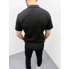 Erkek Yazlık Triko Saç Örgü Tişört Kısa Kol Polo Yaka Fermuarlı T-Shirt - Siyah