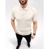 Erkek Yazlık Triko Tişört Kısa Kol Polo Yaka Düğmeli T-Shirt - Krem