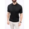 Erkek Yazlık Triko Tişört Kısa Kol Polo Yaka Düğmeli T-Shirt - Siyah