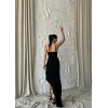 GÜLLÜ ELBİSE ASİMETRİK KATLI - Siyah