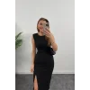 Kadın Askılı Kolsuz Belden Büzgülü Yırtmaçlı Midi Janjan Krep Elbise
