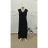 Kadın Askılı V Yakalı Yandan Yırtmaçlı Uzun Bürümcük Elbise