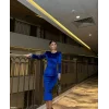 Kadın Bisiklet Yaka Vatkalı Manşet Detay Kadife Kumaş Midi Boy Elbise
