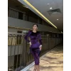 Kadın Bisiklet Yaka Vatkalı Manşet Detay Kadife Kumaş Midi Boy Elbise