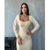 Kadın Kare Yaka Kolları Manşet Ve Dantel Detay Fırsat ürün Midi Boy Elbise