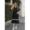 Kadın Kısa Kollu Bisiklet Yaka şerit Detaylı Midi Viskon Elbise