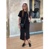 Kadın Kısa Kollu Bisiklet Yakalı Cepli önden Yırtmaçlı Viskon Iki Iplik Midi Elbise