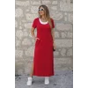 Kadın Kısa Kollu Içi Atlet Görünümlü Yandan Yırtmaçlı Uzun Viskon Elbise