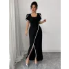 Kadın Kısa Kollu Kare Yakalı önden çapraz Kesim Detaylı Krep Elbise