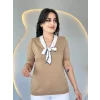 Kadın Kısa Kollu V Yaka Fular Detay Merserize Triko Bbluz