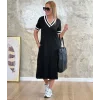 Kadın Kısa Kollu V Yaka Kol Ve Yaka Ribana Detay Midi Boy Viskon Elbise