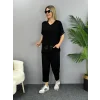 Kadın Kısa Kollu V Yakalı Pul Payetli Viskon Iki Iplik Bluz Ve Pantolon Ikili Takım