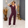 Kadın Kısa Kollu V Yakalı Viskon Iki Iplik Bluz Ve Pantolon Ikili Takım