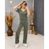 Kadın Kısa Kollu V Yakalı Viskon Iki Iplik Bluz Ve Pantolon Ikili Takım