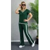 Kadın Kısa Kollu V Yakalı Viskon Iki Iplik Bluz Ve Pantolon Ikili Takım