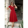 Kadın Kısa Kollu V Yakalı Yırtmaçlı Midi Viskon Elbise