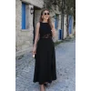 Kadın Omuzlardan Açık Yakası Açık Beli Dantelli Yırtmaçlı Uzun Janjan Krep Elbise